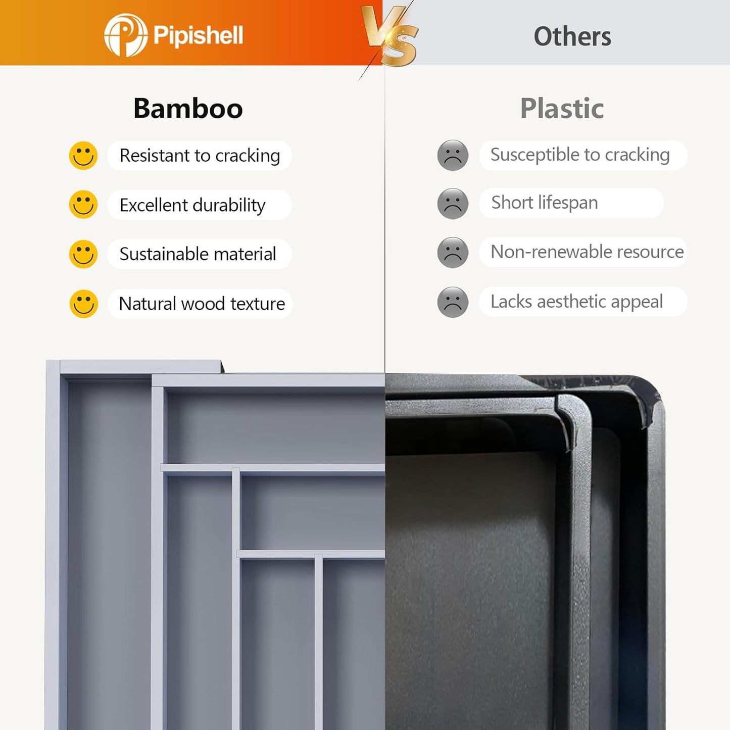 Pipishell Bamboo Drawer Organizer - Adjustable Utensil Holder & Cutlery Tray | Grey Wood Dividers