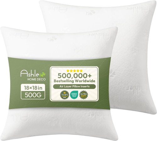 Ashler Throw Pillow Inserts - Premium 18x18 Air Layer Cushions for Bed & Couch | Pack of 2, White