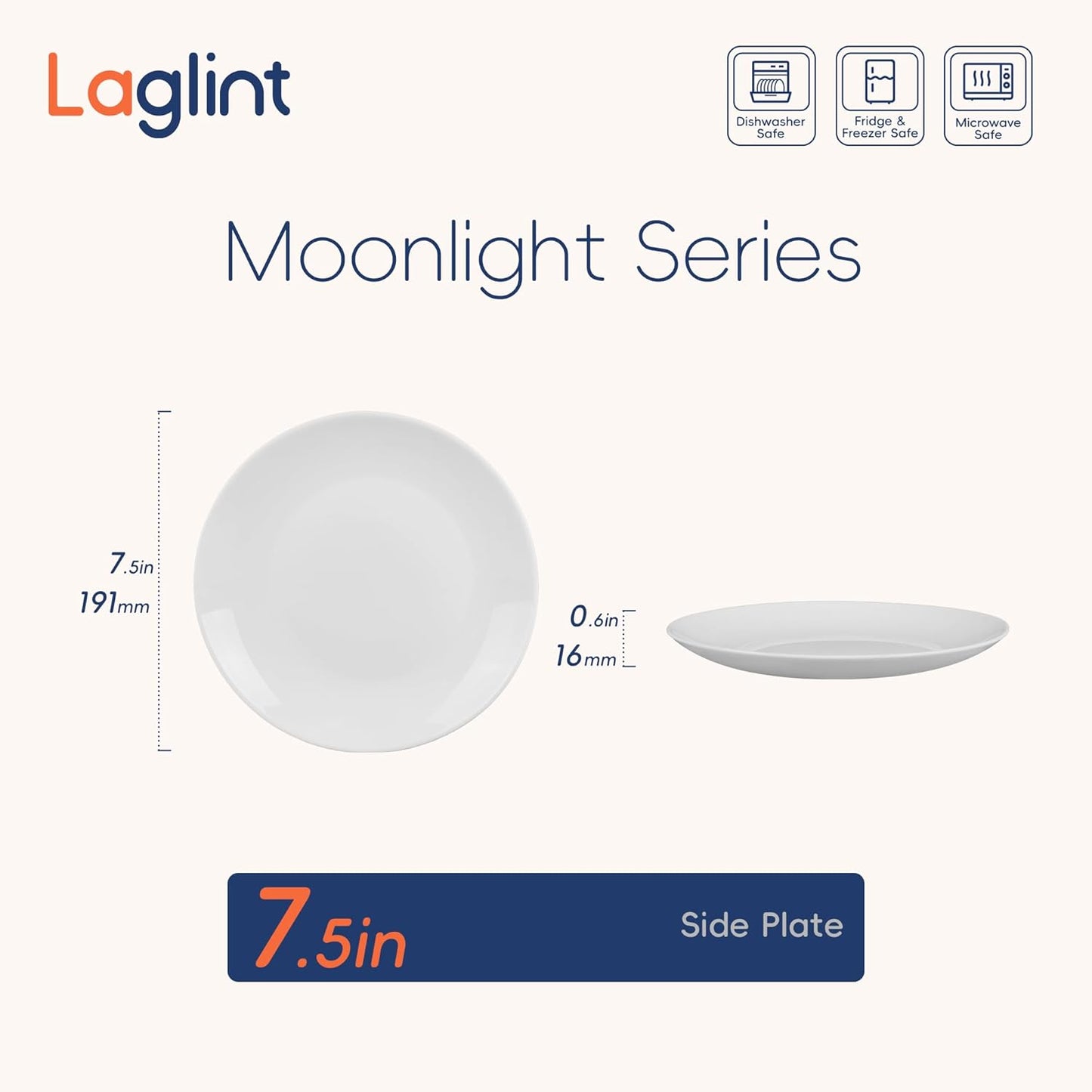 LaGlint Appetizer Plate Set - 7.5-Inch Lightweight Opal Glass | Round White Salad Plates, Dishwasher & Microwave Safe