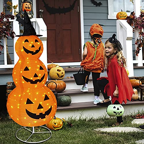 5FT Collapsible Light-Up Pumpkin Decoration with Hat - Indoor Outdoor Halloween Decor