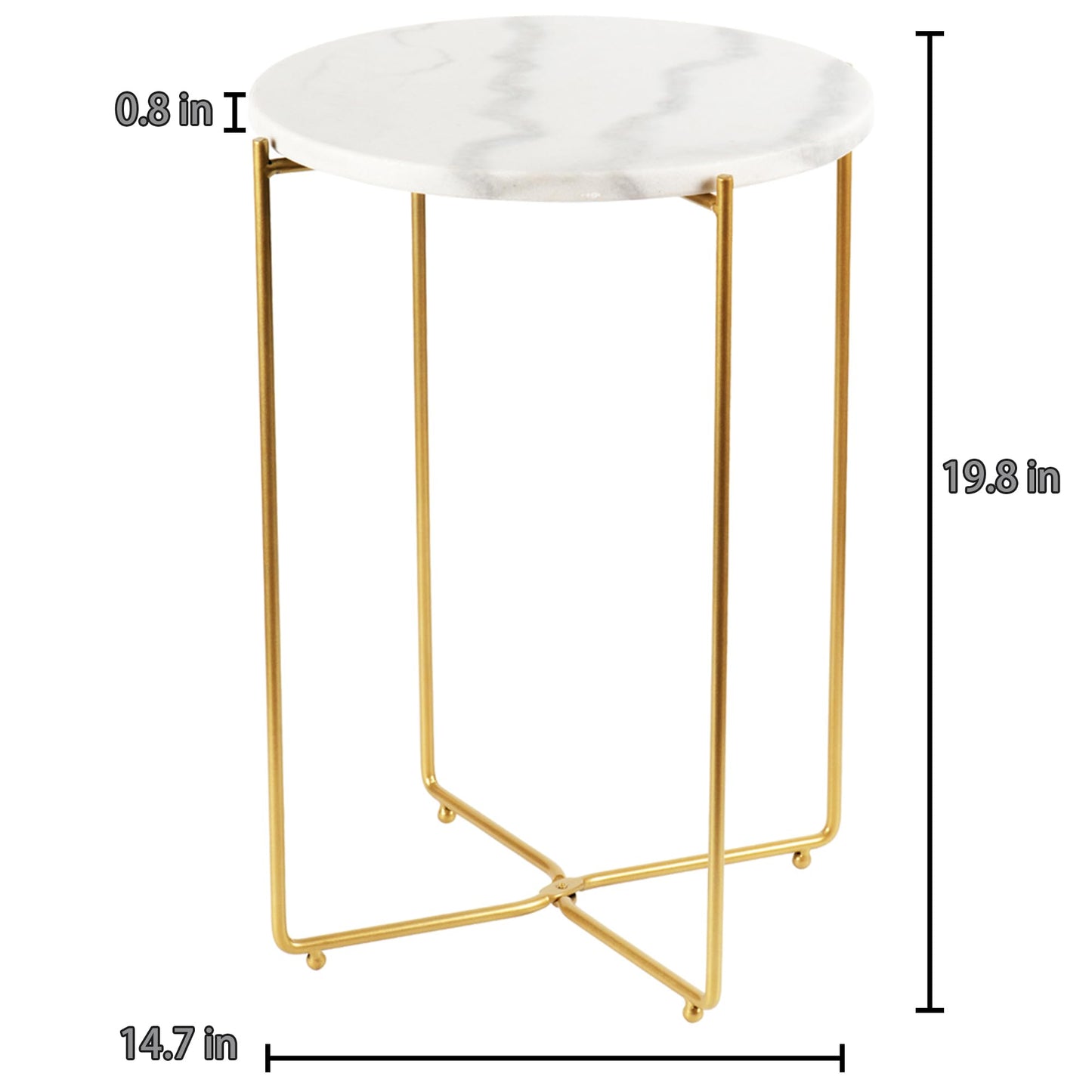 ALPOME Real Marble Side Table, No Assembly Required Round End Table for Living Room, 15" Modern Small Accent Bedside Table with Gold Metal Legs, Waterproof Nightstand for Sofa, Bedroom, White