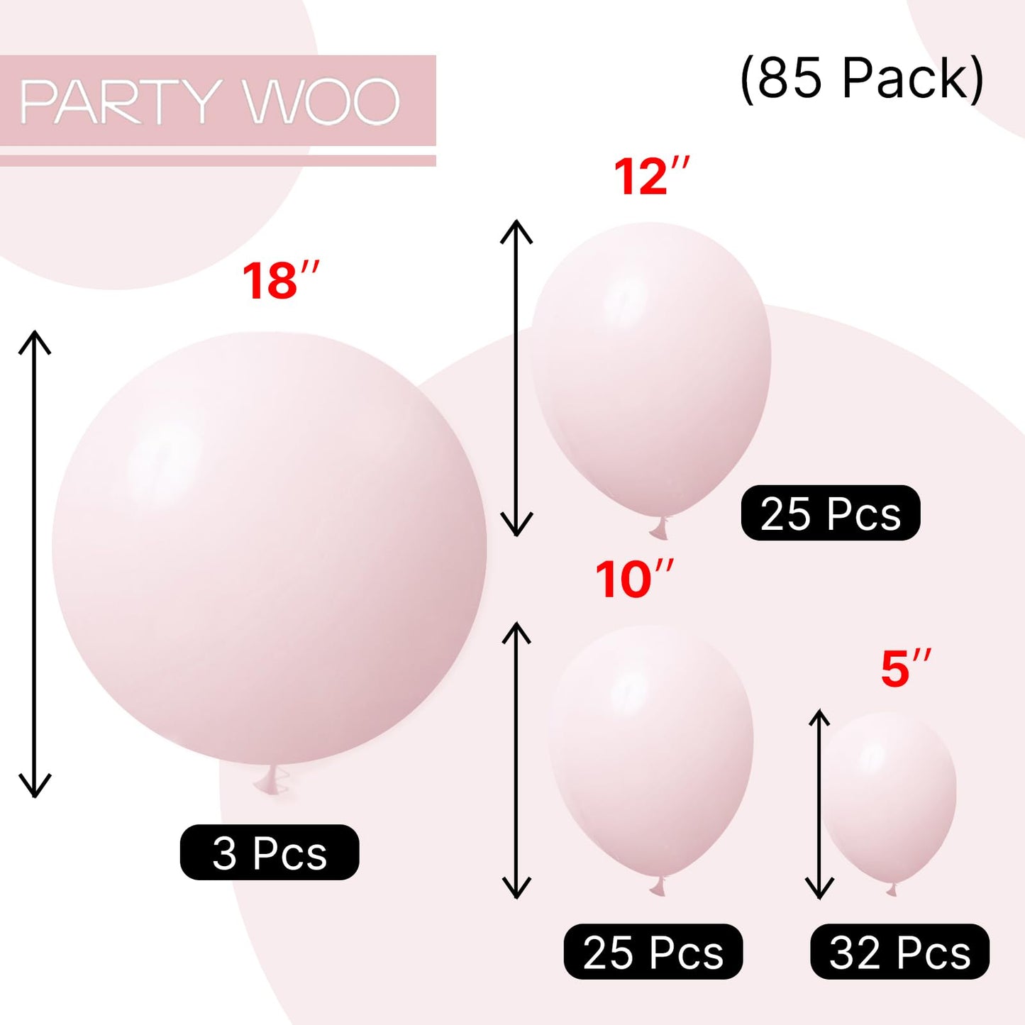 PartyWoo Pale Pink Balloons 85pcs Different Sizes of 18 12 10 5 Inch Light Pastel Baby Pink Balloon Arch Kit for Engagement Bachelorette Baby Shower Easter Birthday Party Decorations Pink-Q01