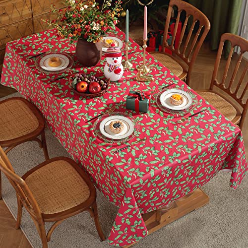 SASTYBALE 60 x 120 in Red Floral Holly Tablecloth | Vinyl with Flannel Backing, Waterproof Rectangle Plastic Table Cover