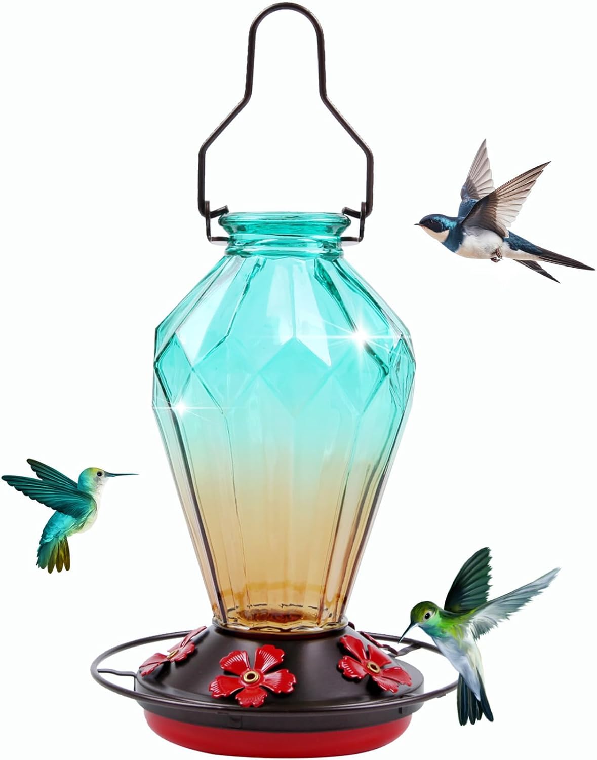 Skiennix Glass Hummingbird Feeder - 25 Oz Leak-Proof Outdoor Nectar Feeder with 5 Flower Ports | Diamond Green