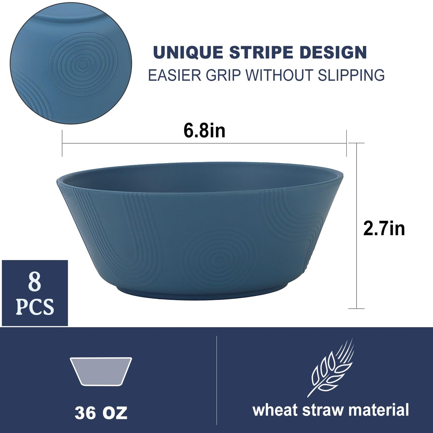 PYRMONT 36 OZ Wheat Straw Bowls Set of 8 Large Cereal Bowls Reusable Soup Bowls Microwave & Dishwasher Safe Unbreakable Bowls Kitchen for Cereal,Salad, Rice,Noodles - Multi