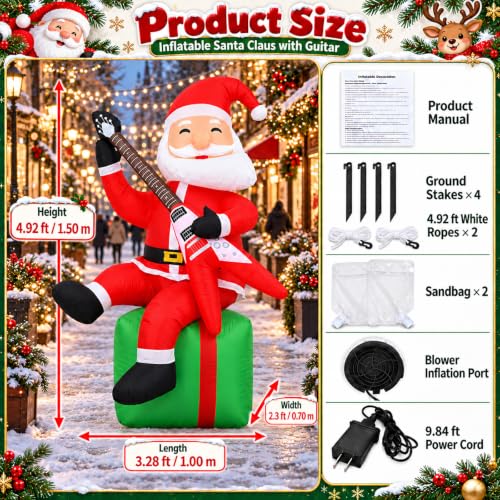 Paeyeq 5FT Christmas Inflatable Santa with Guitar - Outdoor Holiday Decor, Red & Green Variant