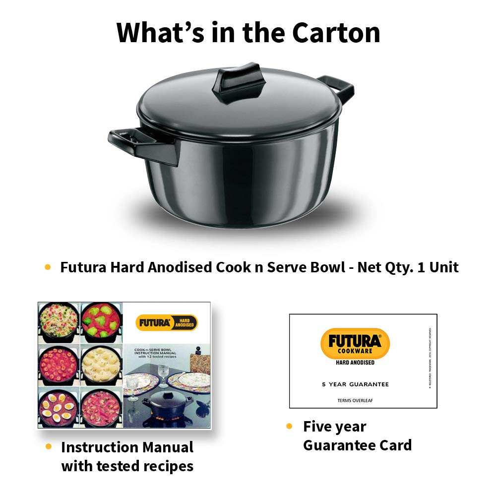 Hawkins Futura 4 Litre Cook n Serve Bowl, Hard Anodised Saucepan with Hard Anodised Lid, Sauce Pan for Cooking and Serving, Black (ACB40), Aluminium