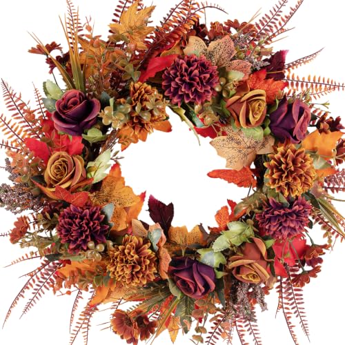 Fall Orange Wreath for Front Door 22 Inch Autumn Decor with Chrysanthemums & Maple Leaves