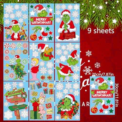 Christmas Window Clings, 9 Sheets Double-Sided Printed Christmas Elf Faces Window Stickers, Christmas Window Decals with Snowflake Decals for Christmas Decorations