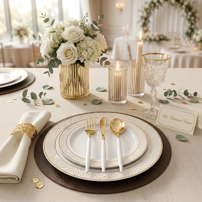 300 Pcs Gold Plastic Silverware Set with White Handles - Disposable Flatware