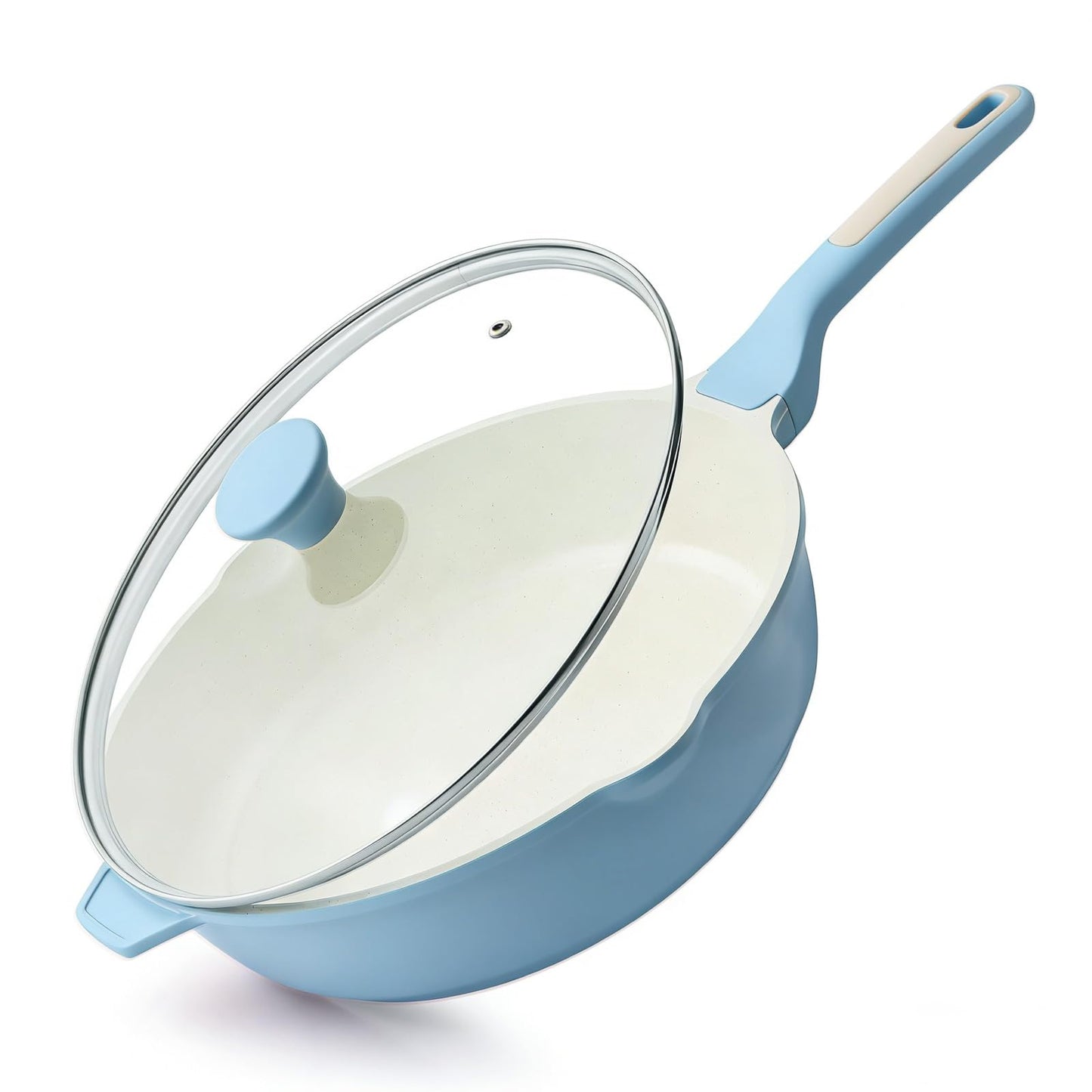 SENSARTE Nonstick Ceramic Skillet with Lid 12-inch, 5QT Non Toxic Deep Frying Pan, Saute Pan with Lid, Stay-cool Handle, Healthy Cooking Pot, Induction Compatible, Blue