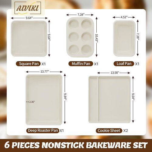 AIVIKI Nonstick Baking Pans Set - 6-Piece Bakeware Collection with Cookie Sheet, Roaster, and More
