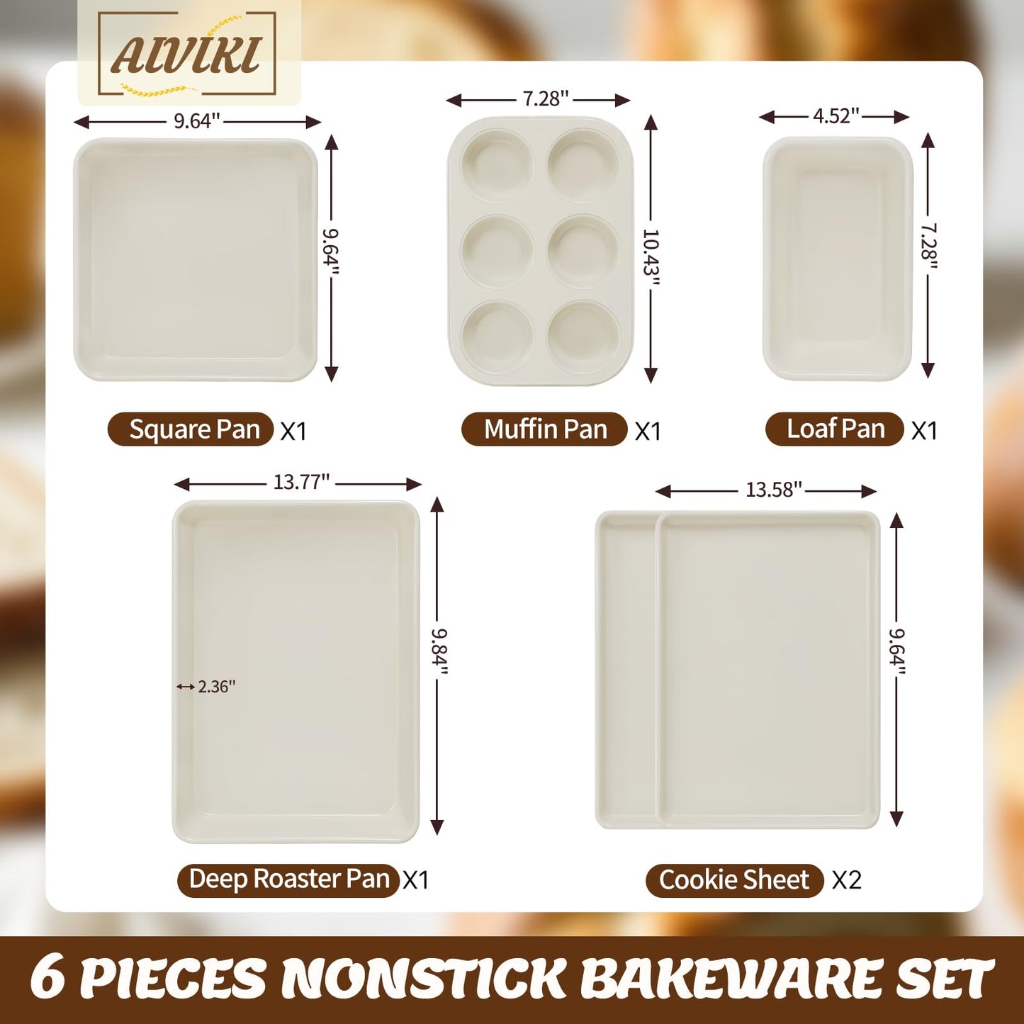 Baking Pans Set, Nonstick Bakeware Sets, Oven Pans for Cooking, AIVIKI 6 Pieces Baking Set Including Cookie Sheet, Deep Roaster Pan, Square Pan, Loaf Pan, Muffin Pan, Carbon Steel Baking Set