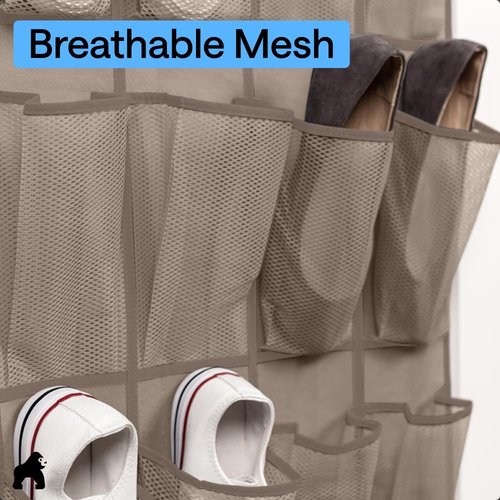 GORILLA GRIP Over The Door Shoe Organizer - 24 Large Breathable Mesh Pockets | Space-Saving Beige Storage Solution