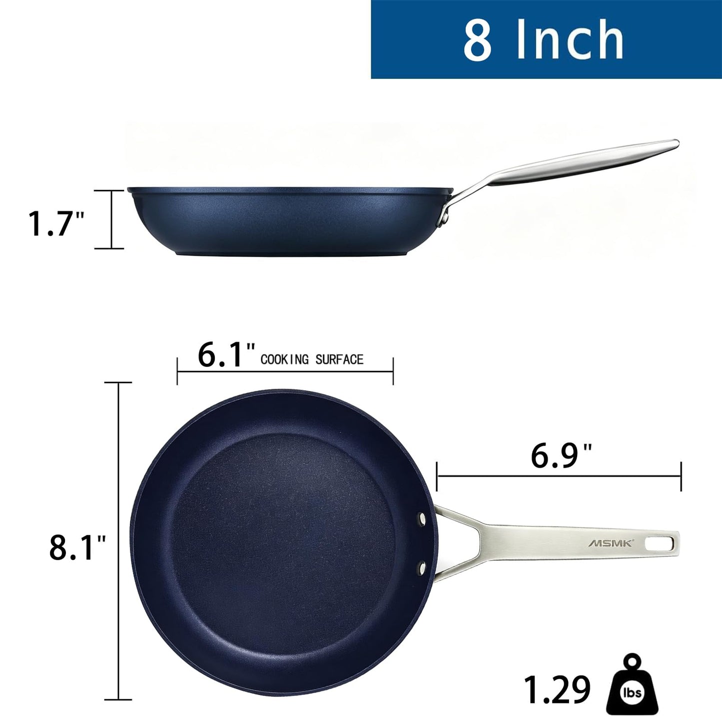MsMk Small Nonstick Frying pan Blue, 8-inch Durable Egg Omelet Skillet, Titanium and Diamond Non Stick Coating From USA, for Induction,Cerammic and Gas Cooktops, Oven Safe,Dishwasher Safe