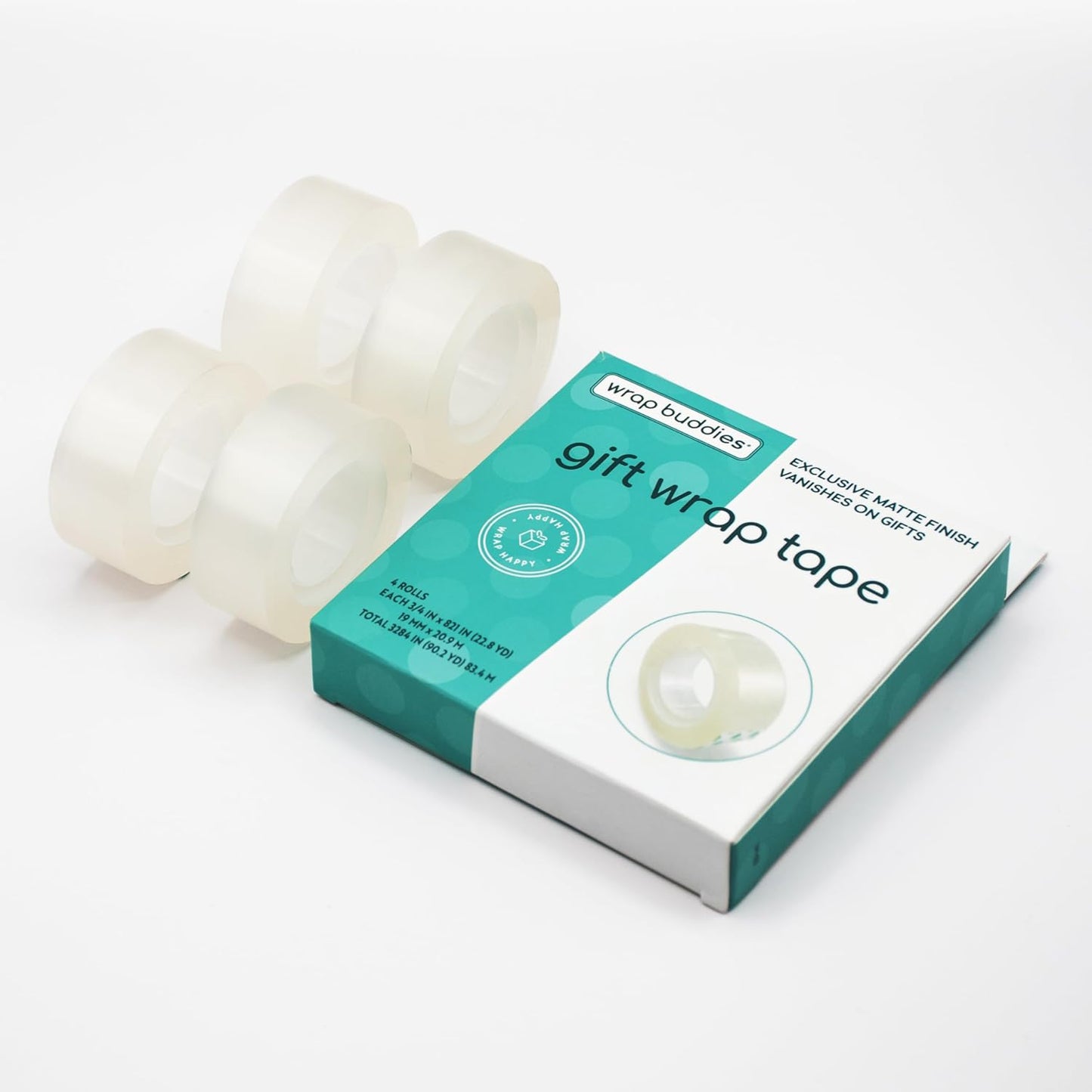 Wrap Buddies Adhesive Tape Rolls - Clear Satin Finish Refills for Crafting & Home Use - Strong Adhesive - 4 Pack