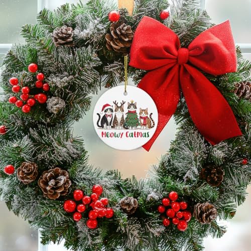 Nurawo Cat Christmas Ornament – Meowy Catmas Ceramic Xmas Ornament Gift