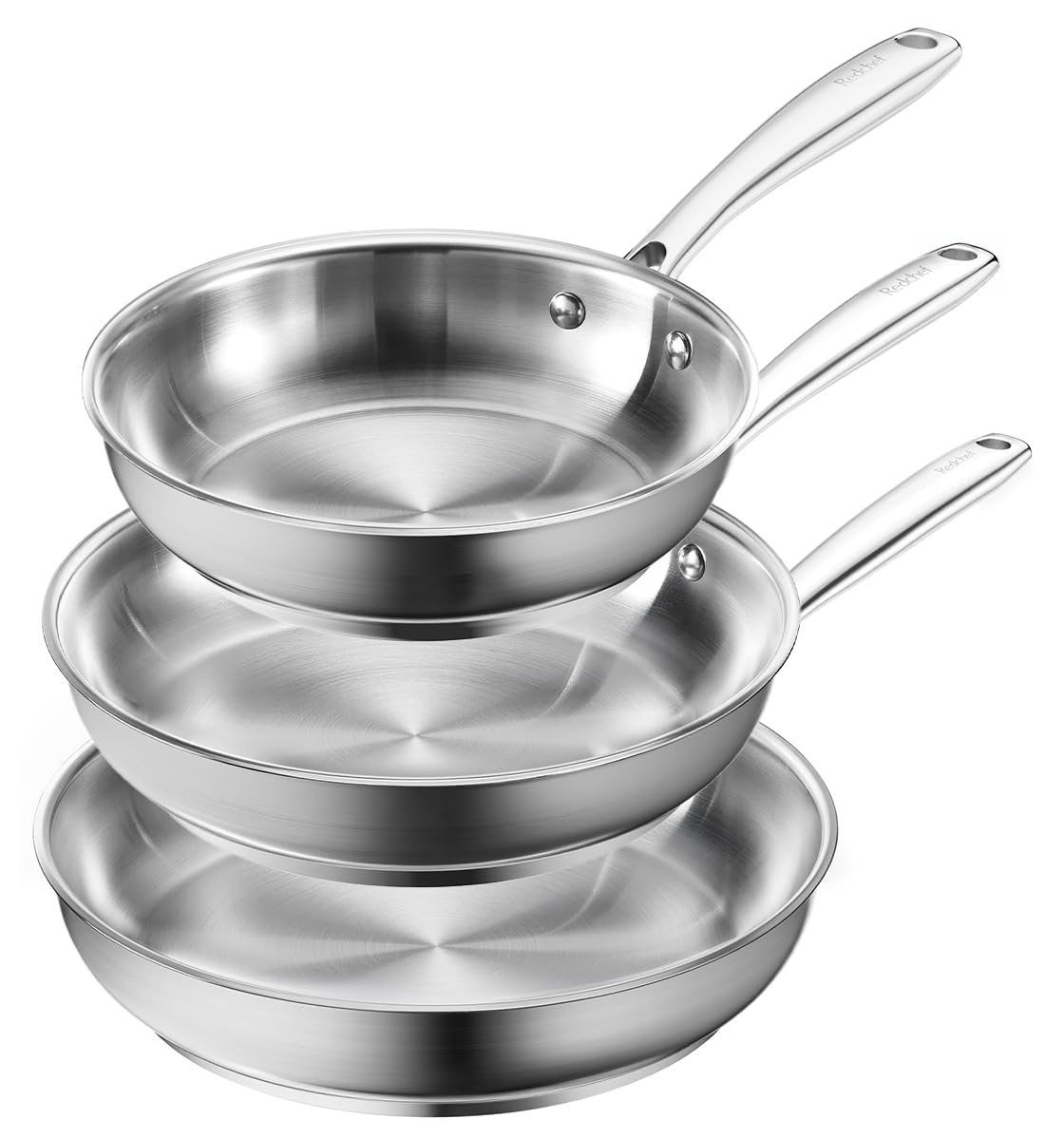 Redchef Stainless Steel Frying Pan Set, Induction Kitchen Cookware Set, Non-Toxic Uncoated Skillets for Searing & Cooking, Oven Safe Stainless Steel Cookware Set, 3-Piece (8", 9.5", 11")
