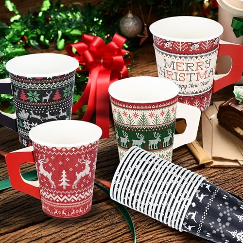 Retro Christmas Disposable Paper Cups with Handles, 100 Pack, Ugly Sweater Pattern, 9 Oz Holiday Drinkware - Variants 100