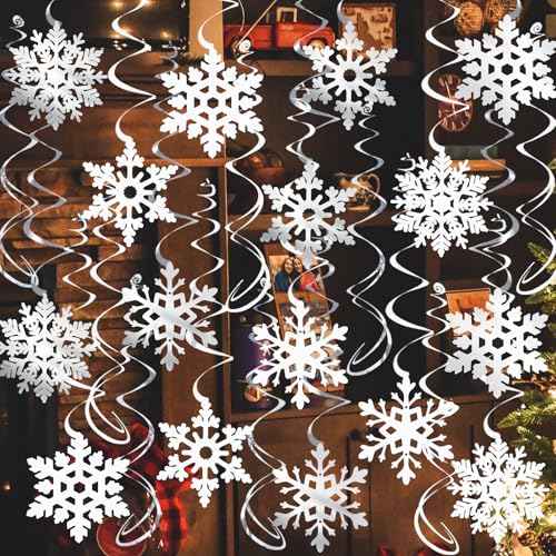 32 Pcs Snowflake Hanging Swirls Party Decoration - Christmas Winter Wonderland Ceiling Decor White Silver Snowflake Ornaments Garland for Winter Holiday Party Decorative Frozen Theme Party Supplies