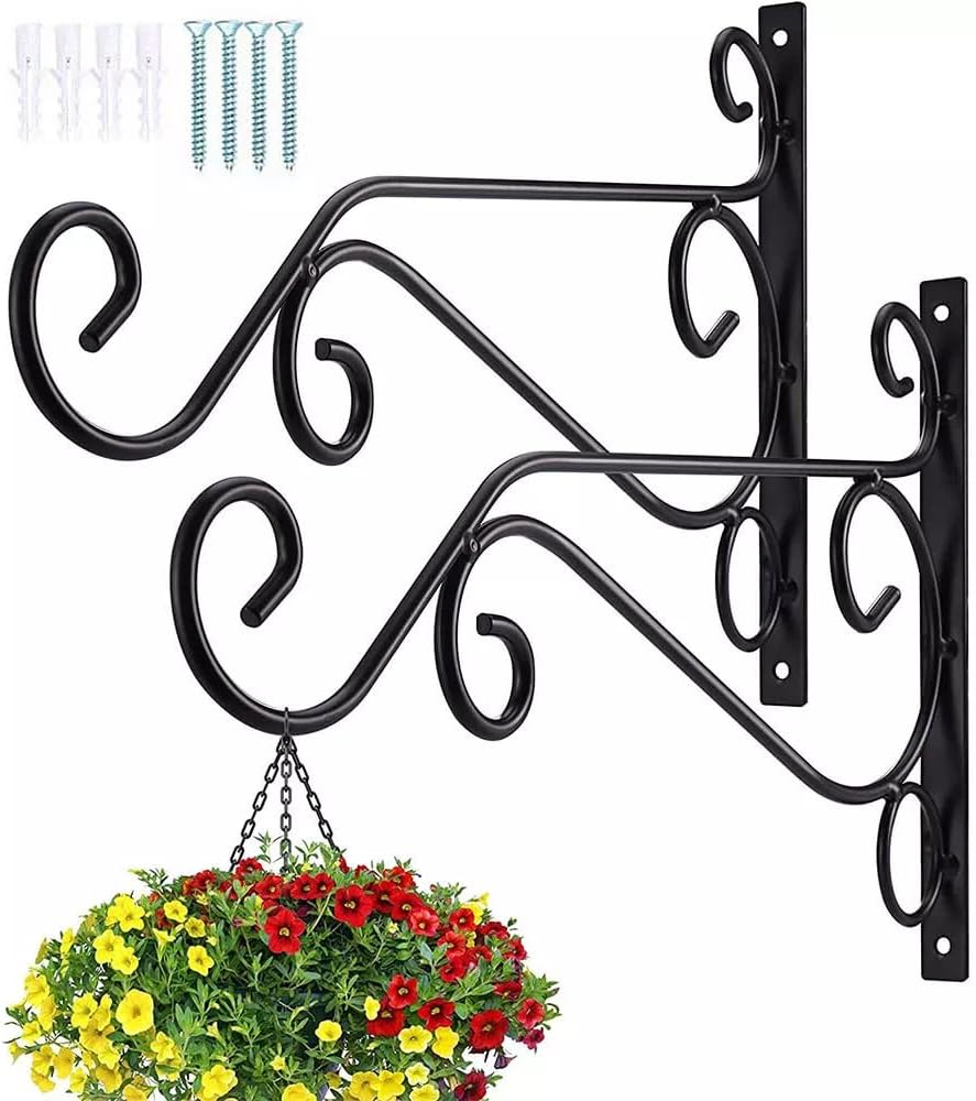 Metal Hanging Plant Brackets - 9.84-Inch Black Iron Wall Mount Hanger for Outdoor Plants & Lanterns