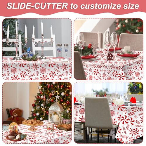 52 Inch x 100 Ft Christmas Plastic Tablecloth Roll - White & Red Candy Cane Design, Disposable Holiday Cover