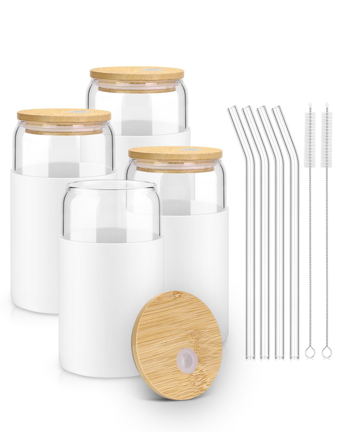 sungwoo Glass Cups with Lids and Straws, 4 Pack 16OZ Iced Coffee Cups with Silicone Sleeve, Glass Tumbler with Straw and Bamboo Lid, Home Essential Drinking Set for Juice, Cocktail and Latte White