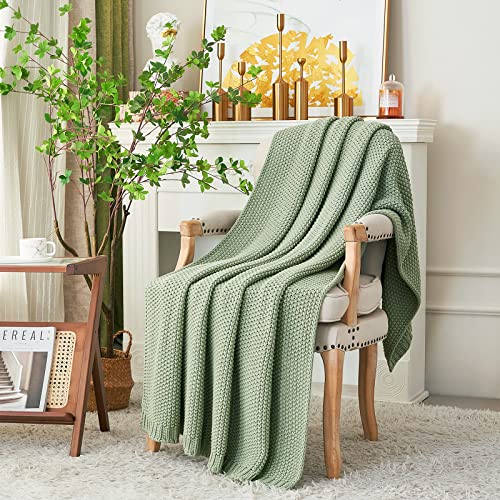 Longhui Bedding Light Green Chunky Cable Knit Throw Blanket 51 x 63 in - 100% Organic Cotton