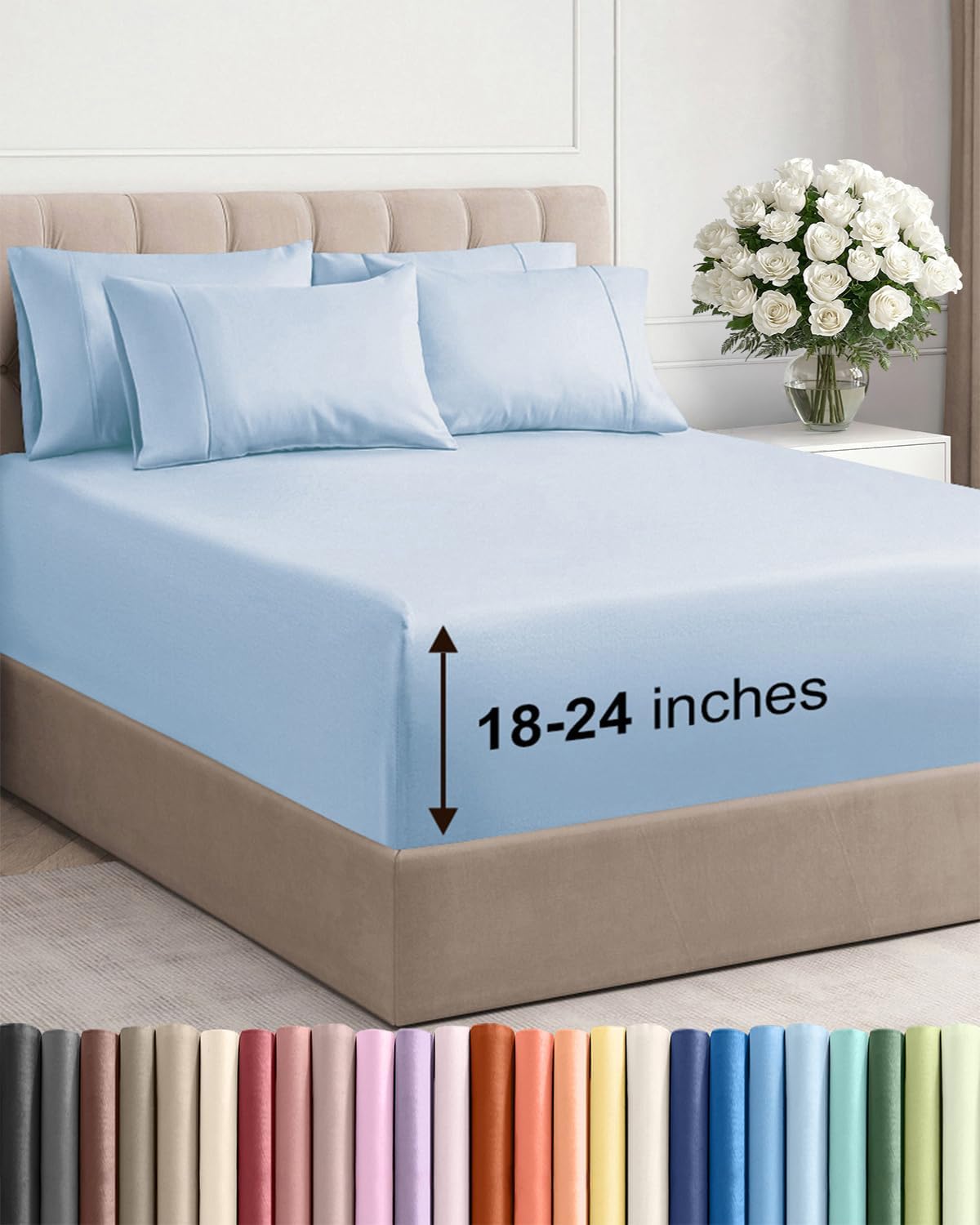Skiennix Extra Deep Full Sheet Set - 6 Piece Breathable Cooling Bedding - Soft Wrinkle-Free Sky Blue