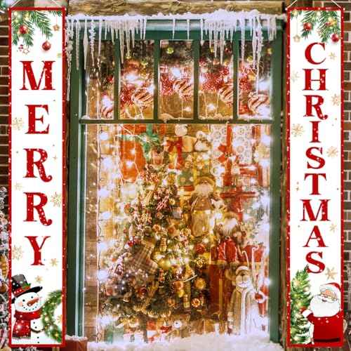 Christmas Door Banner-Christmas Outdoor Decorations Outdoor Santa Claus Snowman Merry Christmas Porch Sign Red Xmas Party Supplies