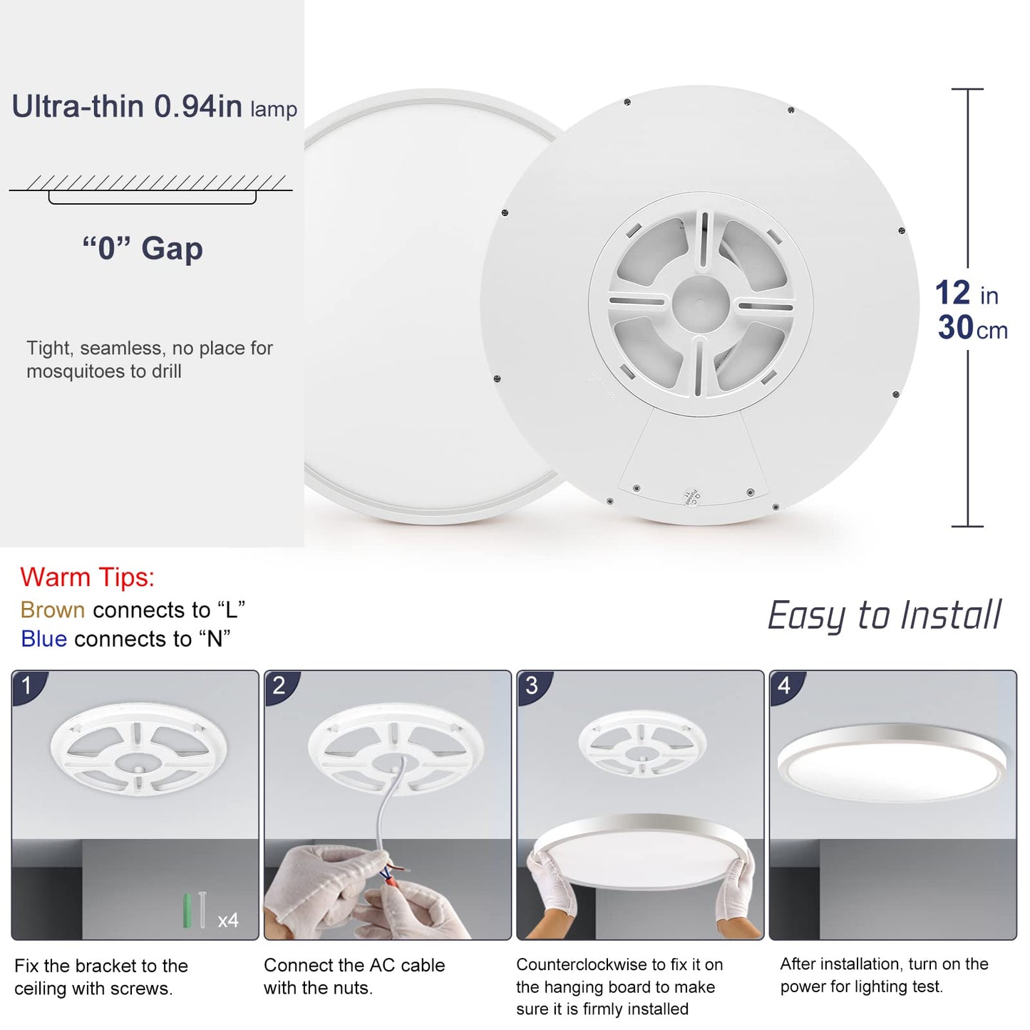 LightingWill 12 Inch LED Flush Mount Ceiling Light Fixture, 6000K Cool White, 3200LM, 24W, Flat Modern Round Lighting Fixture, 240W Equivalent White Ceiling Lamp for Kitchens, Bedrooms.etc.