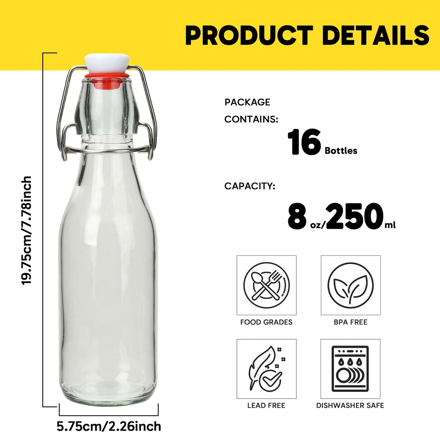 16 Pack 8oz Glass Swing Top Bottles with Airtight Lids - Grolsch Style Flip Top Caps & Rubber Seals for Home Brewing Beer, Kombucha, Kefir, Iced Tea, Juice, Oil & Vinegar Storage