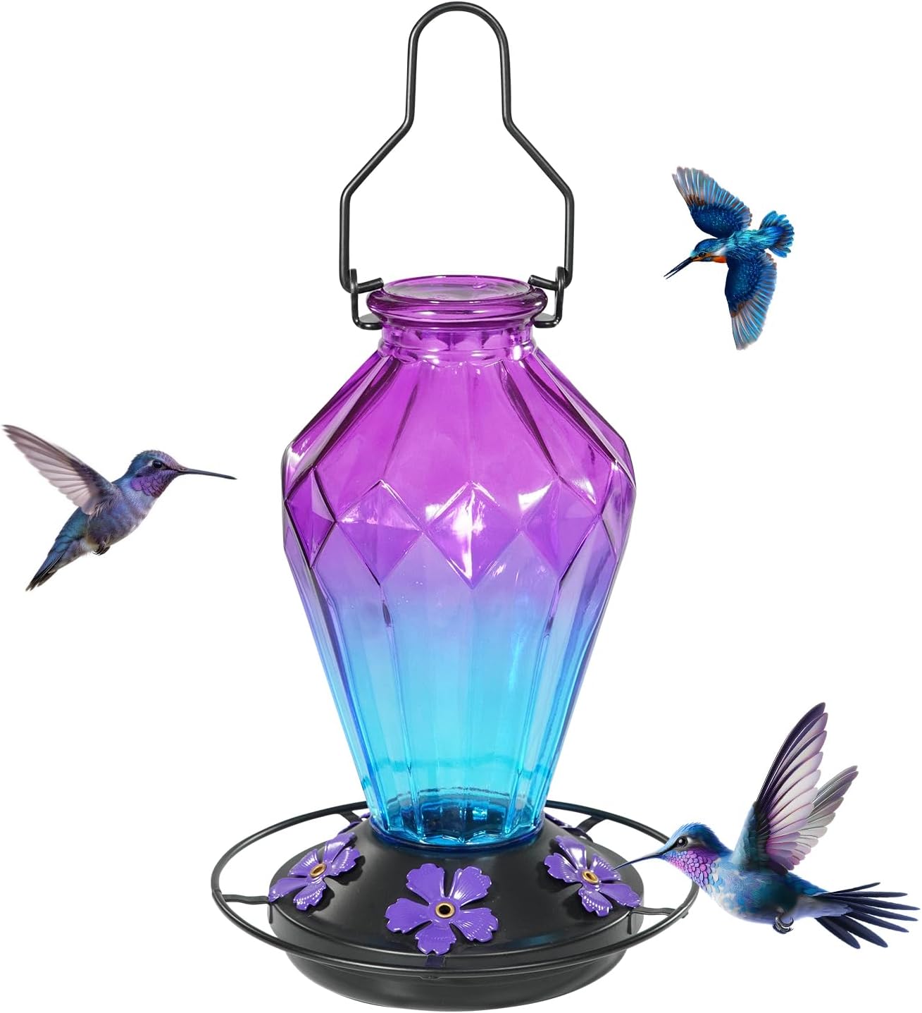Skiennix Glass Hummingbird Feeder - 25Oz Leak-Proof Nectar Feeder with 5 Flower Ports | Diamond Purple