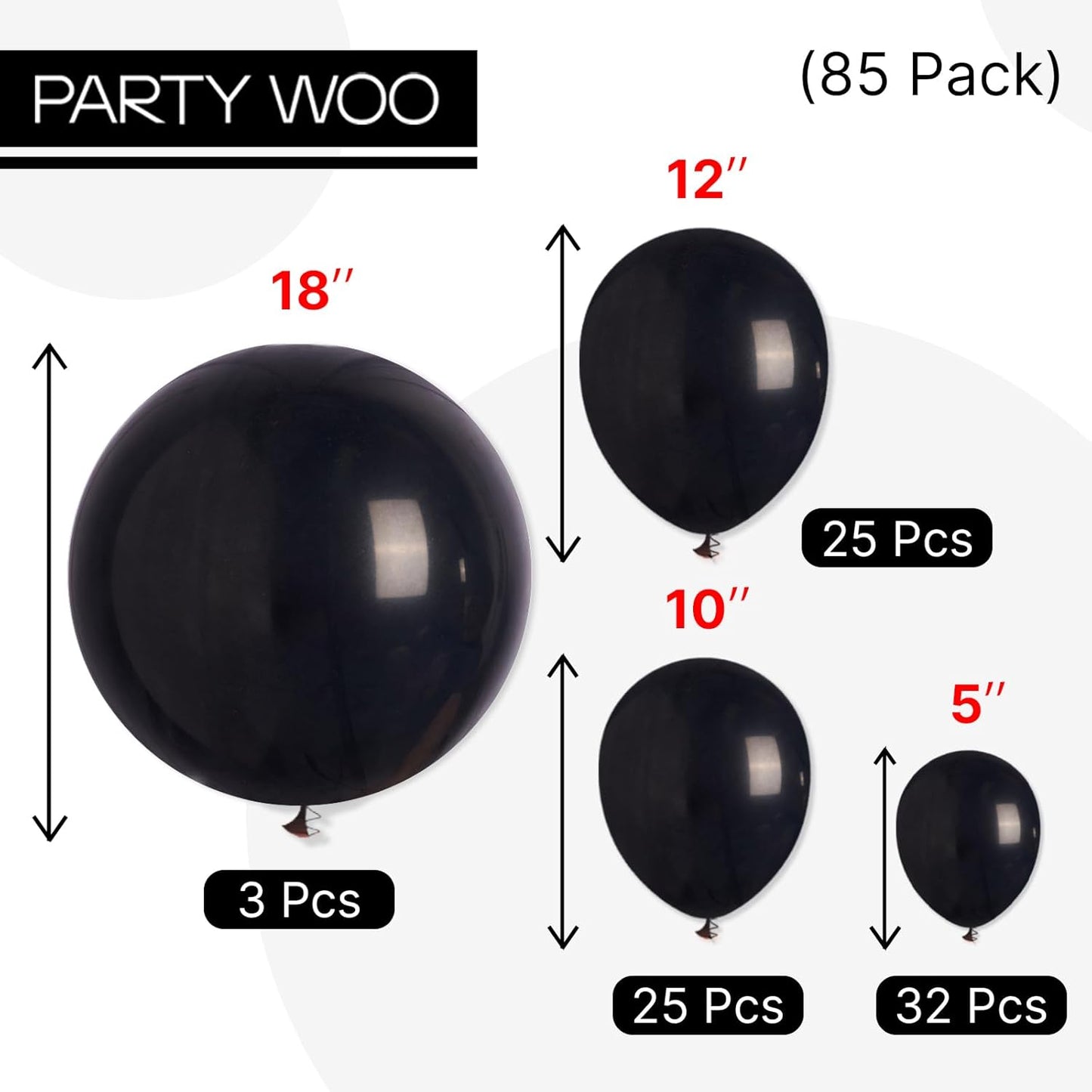 PartyWoo Black Balloons - 85-Piece Arch Kit with Various Sizes for Baby Showers, Birthdays & Events