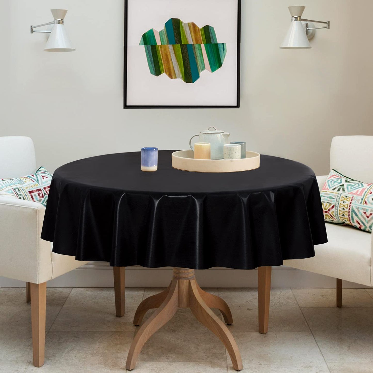sancua 100% Waterproof Round PVC Tablecloth - 60 Inch - Oil Proof Spill Proof Vinyl Table Cloth, Wipe Clean Table Cover for Dining Tables, Buffet Parties and Camping, Black