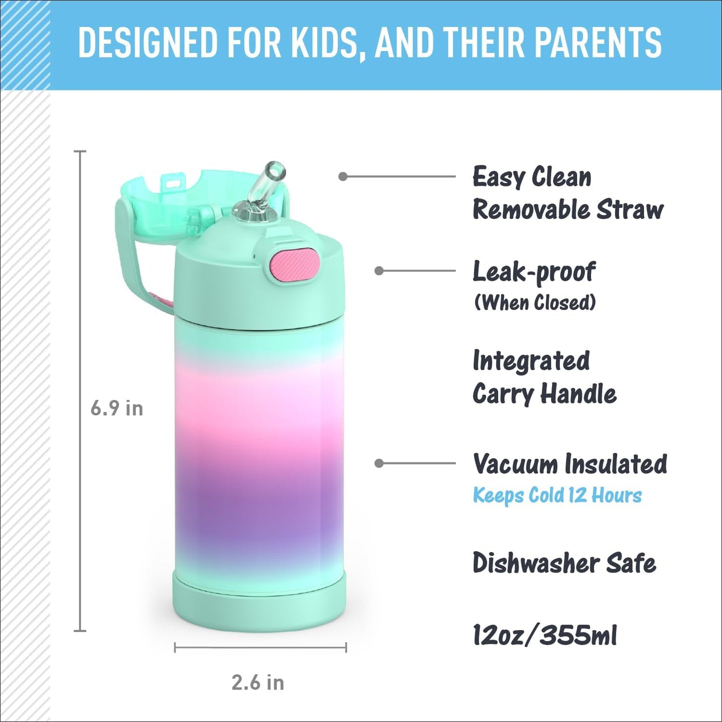 THERMOS FUNTAINER Water Bottle - 12 Ounce Kids Stainless Steel Insulated Bottle with Straw | Mint Ombre