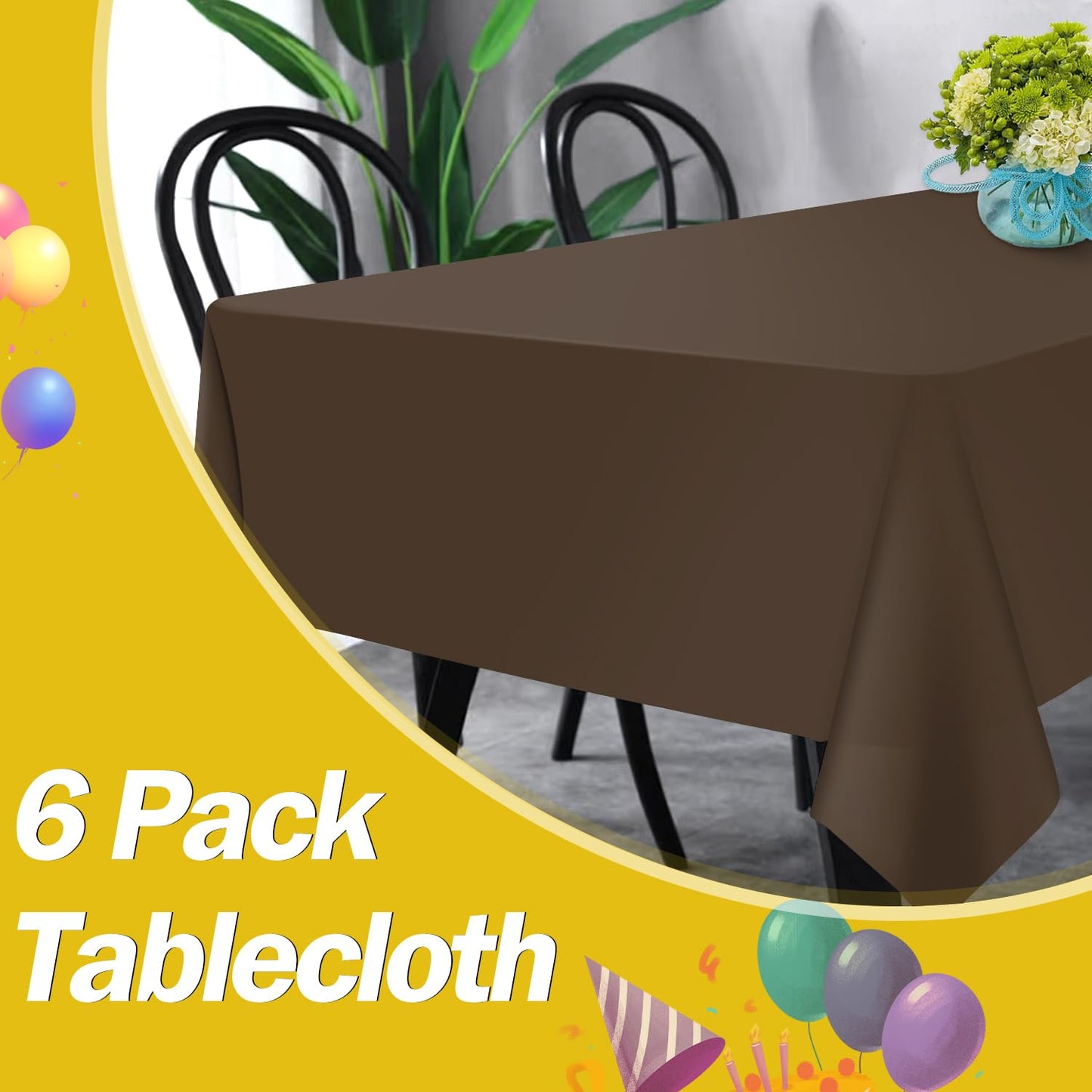 tujol Brown 6 Pack Plastic Table Cloth 54" x 108", Disposable Tablecloths Rectangle Table Cover, Plastic Tablecloths for Parties