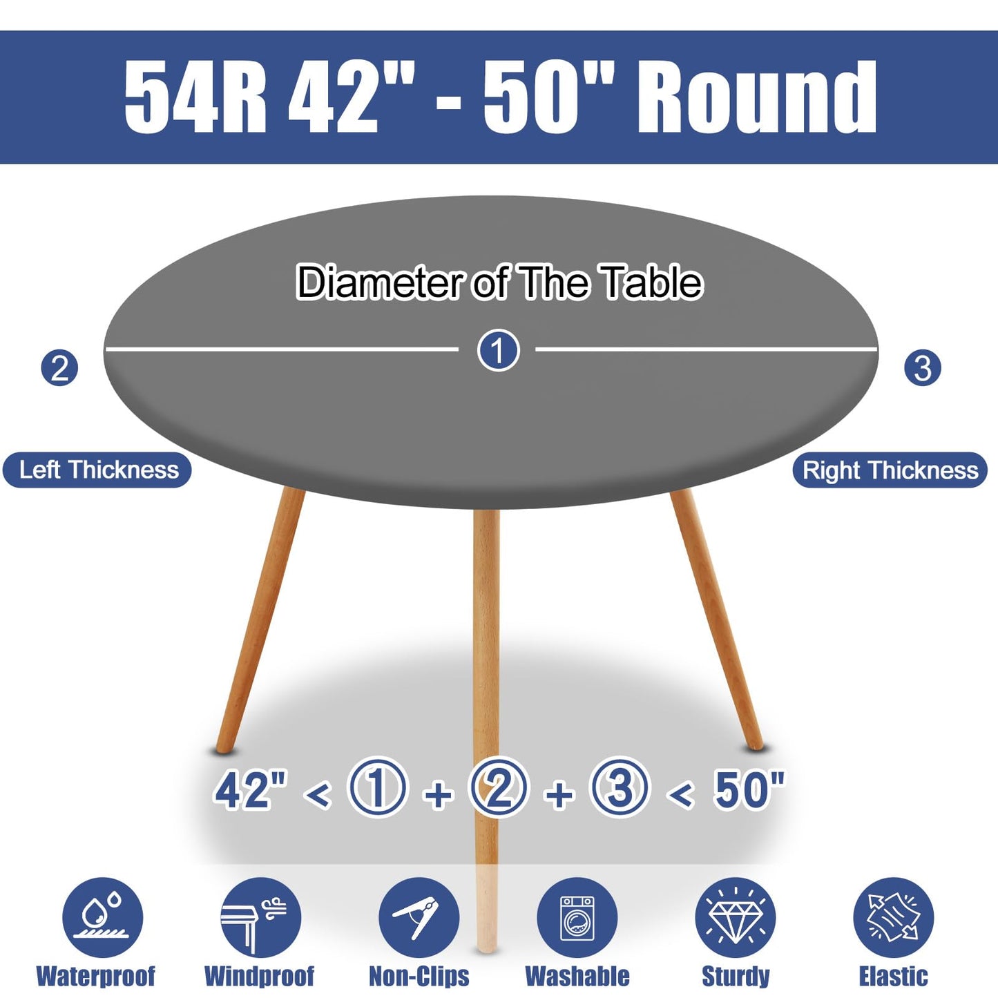 Moosfor Round Spandex Tablecloth, Elastic Fitted Waterproof Tablecloths for 42"-50" Tables, Stretch Washable Picnic Table Cover for Camping, Dining, Indoor and Outdoor, Grey