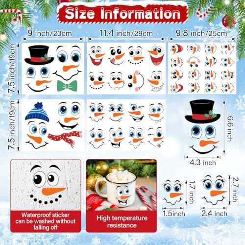 36pcs Snowman Face Stickers for Crafts Christmas Ornaments, Vinyl Rub on Transfers UV Decals, Cute Snowman Face Stickers for Xmas Winter Holiday Window Glass Cups Balls Jars Home Decorations