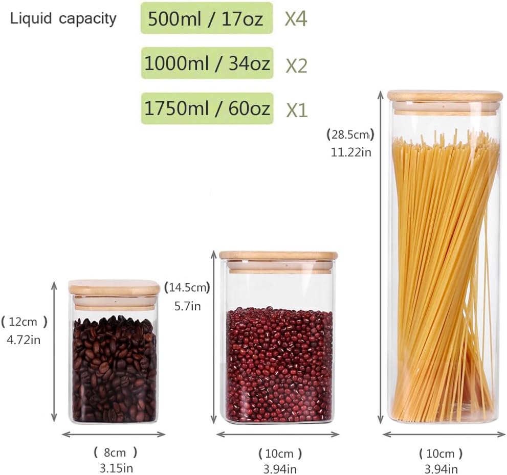 Leaves And Trees Y Glass Storage Canister Set - 7 Square Jars with Wooden Lids for Kitchen & Pantry