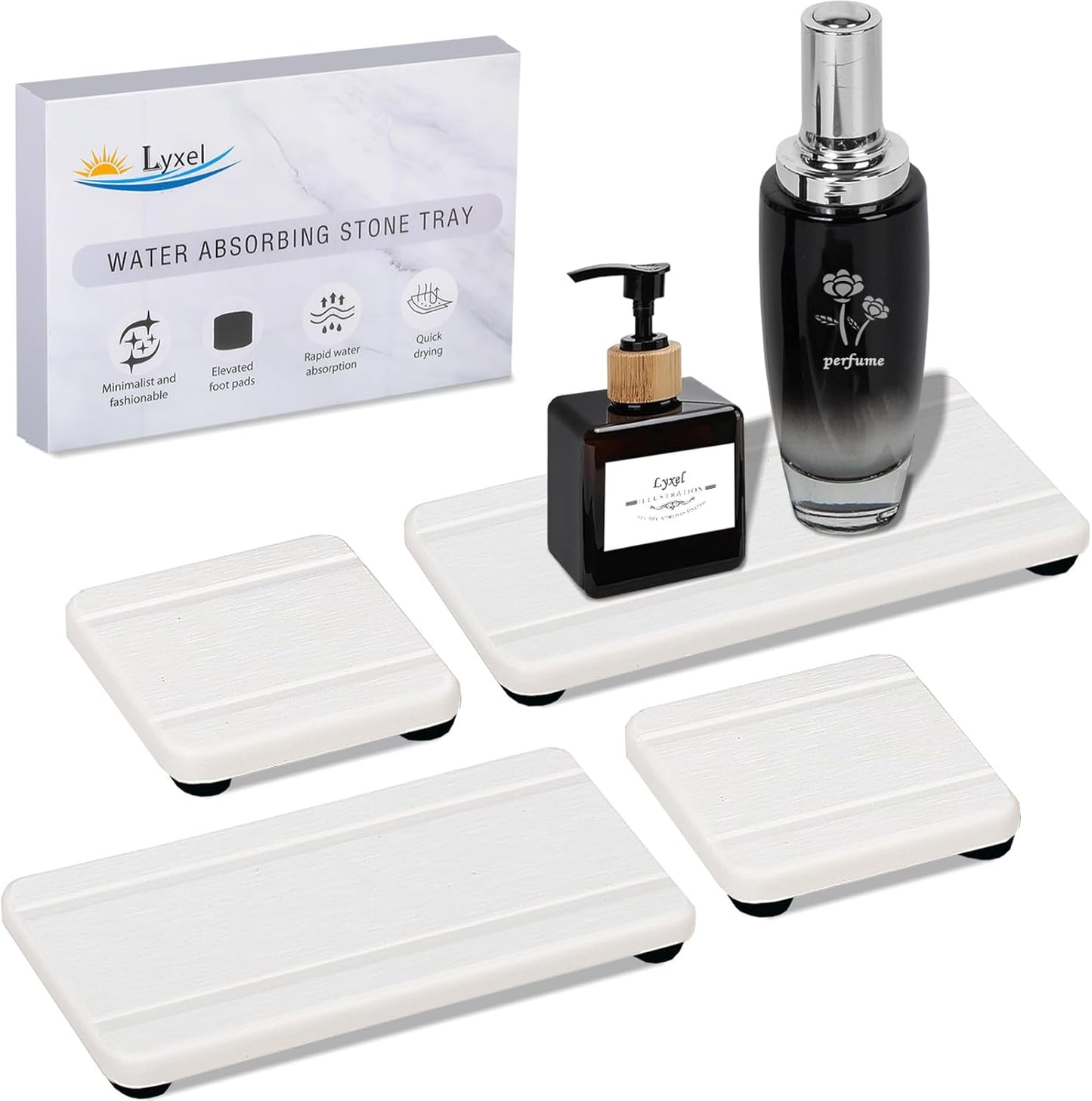 Skiennix 4PCS Stone Drying Trays - Water Absorbing Diatomaceous Earth Soap Dish Set for Kitchen & Bathroom