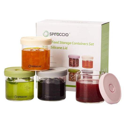 Spreccio Glass Food Jars - Airtight Dressing Containers with Lids, Perfect for Sauces, Overnight Oats, and Baby Food Storage, Small Glass Jars with Lids, 10oz Pack of 4