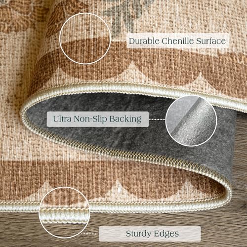 Othilic Floral Entry Rug - 3x5 Washable Indoor Outdoor Doormat with Scalloped Edges - Wheat/Tan/Sage, Boho Style