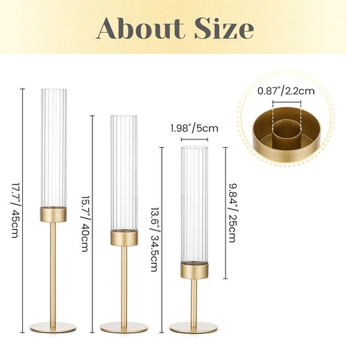 Hewory Gold Hurricane Candle Holders - Set of 3 Tall Brass Taper Holders for Elegant Table Decor