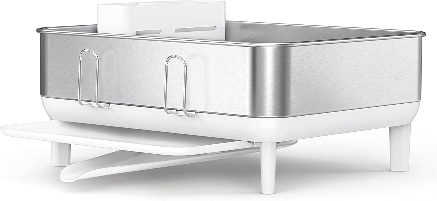 simplehuman Compact Dish Drying Rack - Swivel Spout, Fingerprint-Proof Stainless Steel, White Plastic