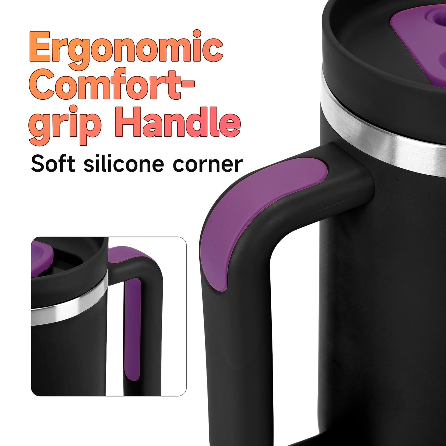 40oz Tumbler with Handle and Straw Spout 2-in-1 Lid, Spill Leak Proof Insulated Travel Cup Traveler Water Mug Keep Cold Hot, Dishwasher Safe Stainless Steel Bottle Gifts for Women Men, Black Purple