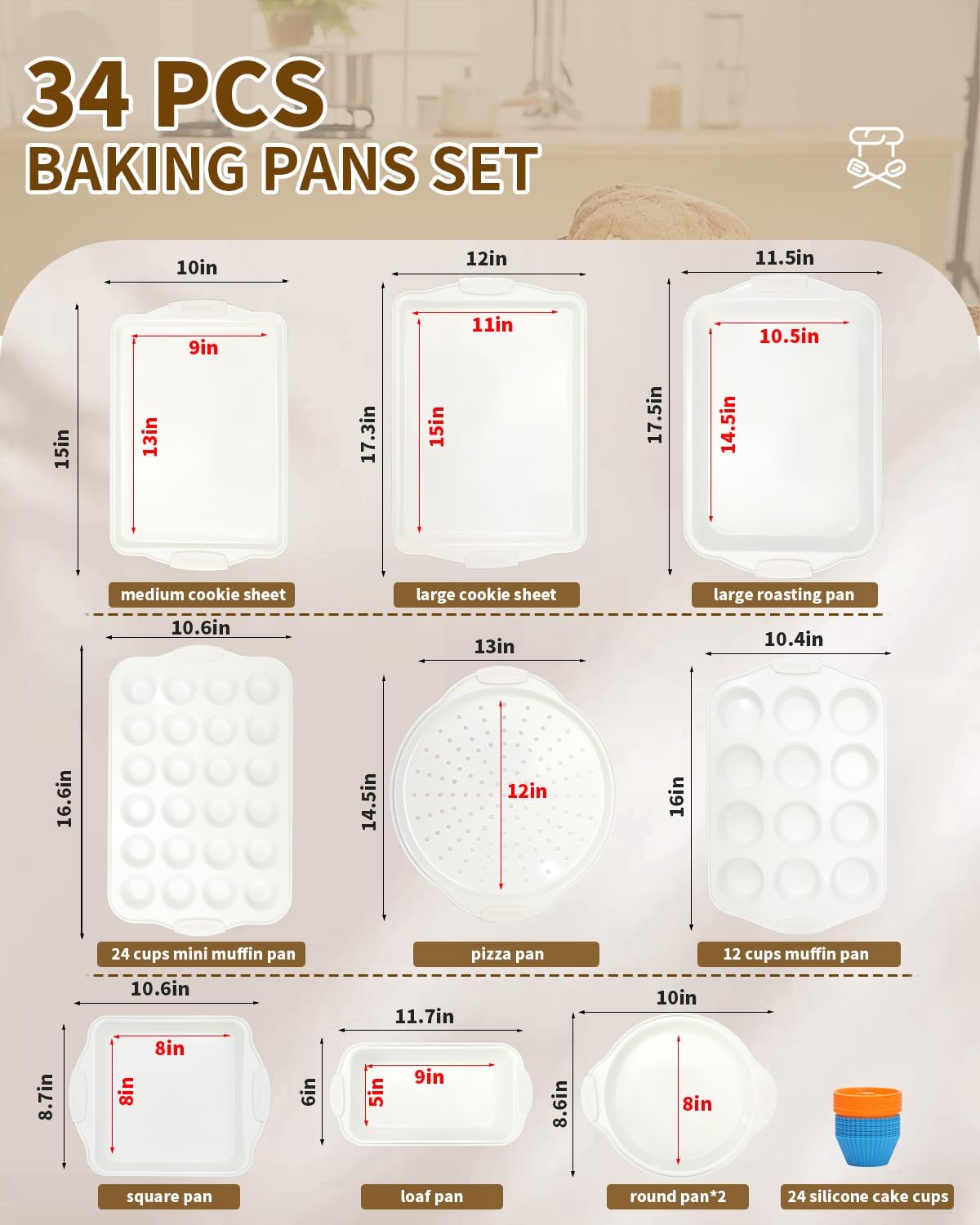 Skiennix Baking Pans Set - 34 PCS Nonstick Bakeware with Silicone Handles | Includes Cookie Sheet, Cake Pans & More
