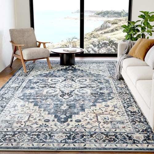 Amada 5x7 Blue Washable Area Rug - Vintage Pattern, Non-Slip, Durable