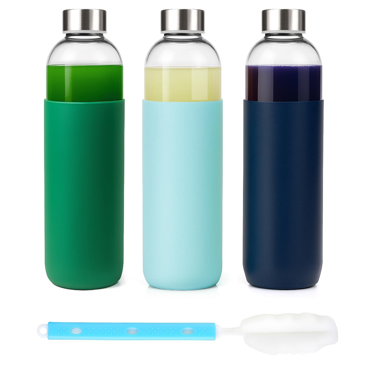 Luxfuel 32 oz Glass Juice Bottles with Lids and Silicone Sleeve, Reusable Refillable Water Bottles for Juicing, Refrigerator,100% Leak Proof, BPA Free, Clear Glass Set of 3