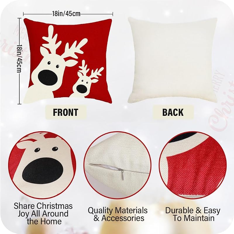Sunboom Christmas Pillow Covers & Red Holiday Decor Set of 4, 18x18 Winter Farmhouse Throw Pillows